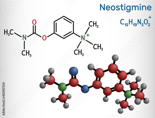 Neostigmine molecule. It ischolinesterase inhibitor for symptomatic treatment of myasthenia gravis by improving muscle tone. Structural chemical formula, molecule model