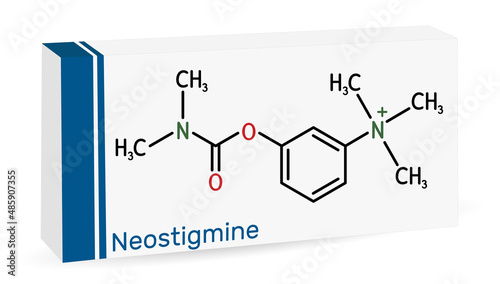 Neostigmine molecule. It ischolinesterase inhibitor for symptomatic treatment of myasthenia gravis by improving muscle tone. Skeletal chemical formula. Paper packaging for drugs