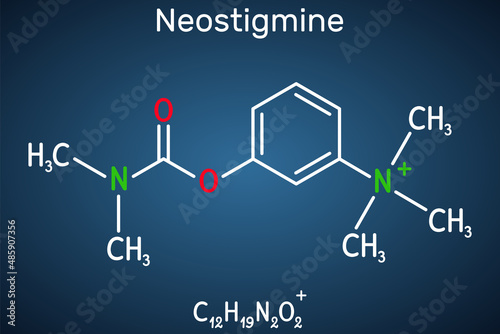 Neostigmine molecule. It ischolinesterase inhibitor for symptomatic treatment of myasthenia gravis by improving muscle tone. Structural chemical formula on the dark blue background