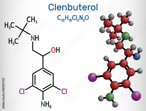 Clenbuterol molecule. It is sympathomimetic amine, decongestant and bronchodilator, used in respiratory conditions, in asthma. Structural chemical formula, molecule model.