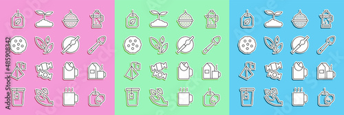 Set line Tea bag with lemon, Cup of tea milk, Teaspoon, Ball strainer, leaf, Cookie or biscuit, and Cigarette icon. Vector