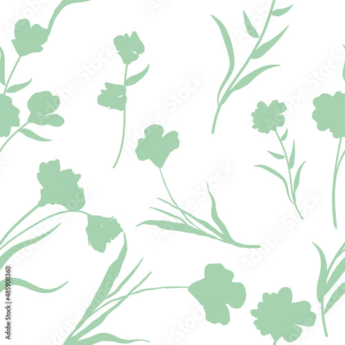Green abstract flower vector seamless pattern. Hand drawn shapes and line-art.