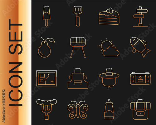 Set line Hiking backpack, Portable video game console, Fish, Piece of cake, Barbecue grill, Pear, Ice cream and Sun and cloud weather icon. Vector