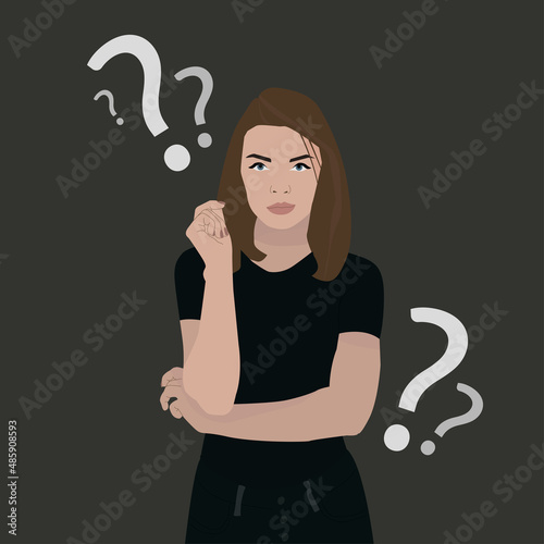 The girl faces a difficult question. A woman has problems she thinks about them. A sad girl asks herself a lot of questions.