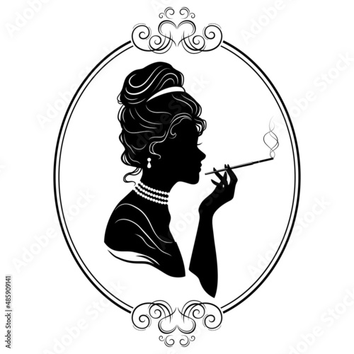 Silhouette of a woman with a mouthpiece. Vector illustration in vintage style.