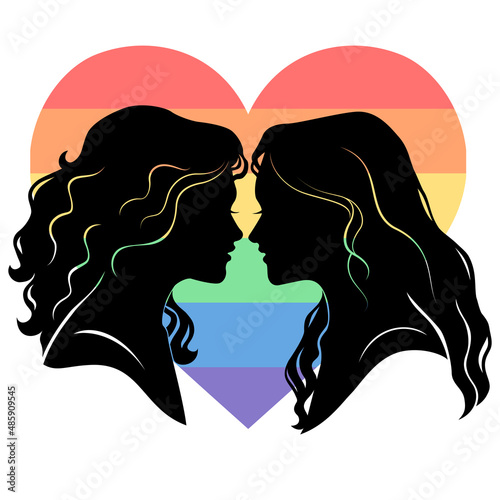 Silhouettes of two young women in love on the background of a rainbow heart. Vector illustration.