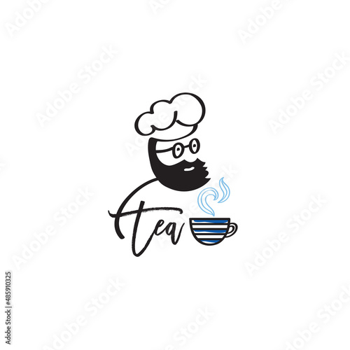 Chief cook with a cap of tea symbol or logo. Restaurant, bakery food concept, hand drawn elements. Vector.