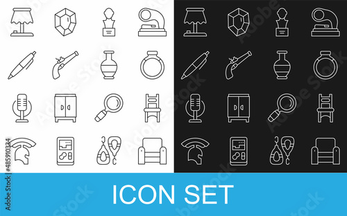 Set line Armchair, Chair, Gold ring, Gypsum head sculpture bust, Vintage pistol, Pen, Table lamp and Ancient amphorae icon. Vector