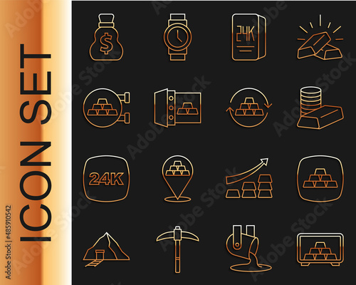 Set line Safe with gold bars, Gold, coin, 24k, Jewelry store, Old money bag and exchange icon. Vector