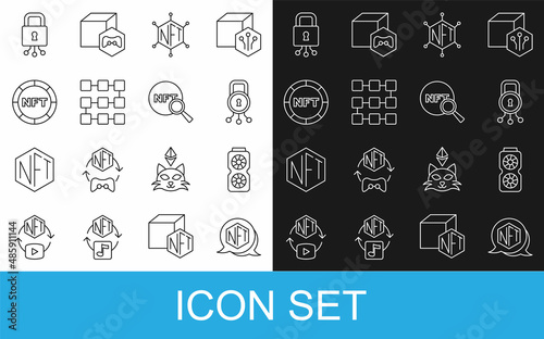 Set line NFT Digital crypto art, Video graphic card, Cyber security, blockchain technology, and Search icon. Vector