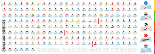 Collection of folded paper maps with a flag pin, sorted alphabetically. National flags and maps of the World.