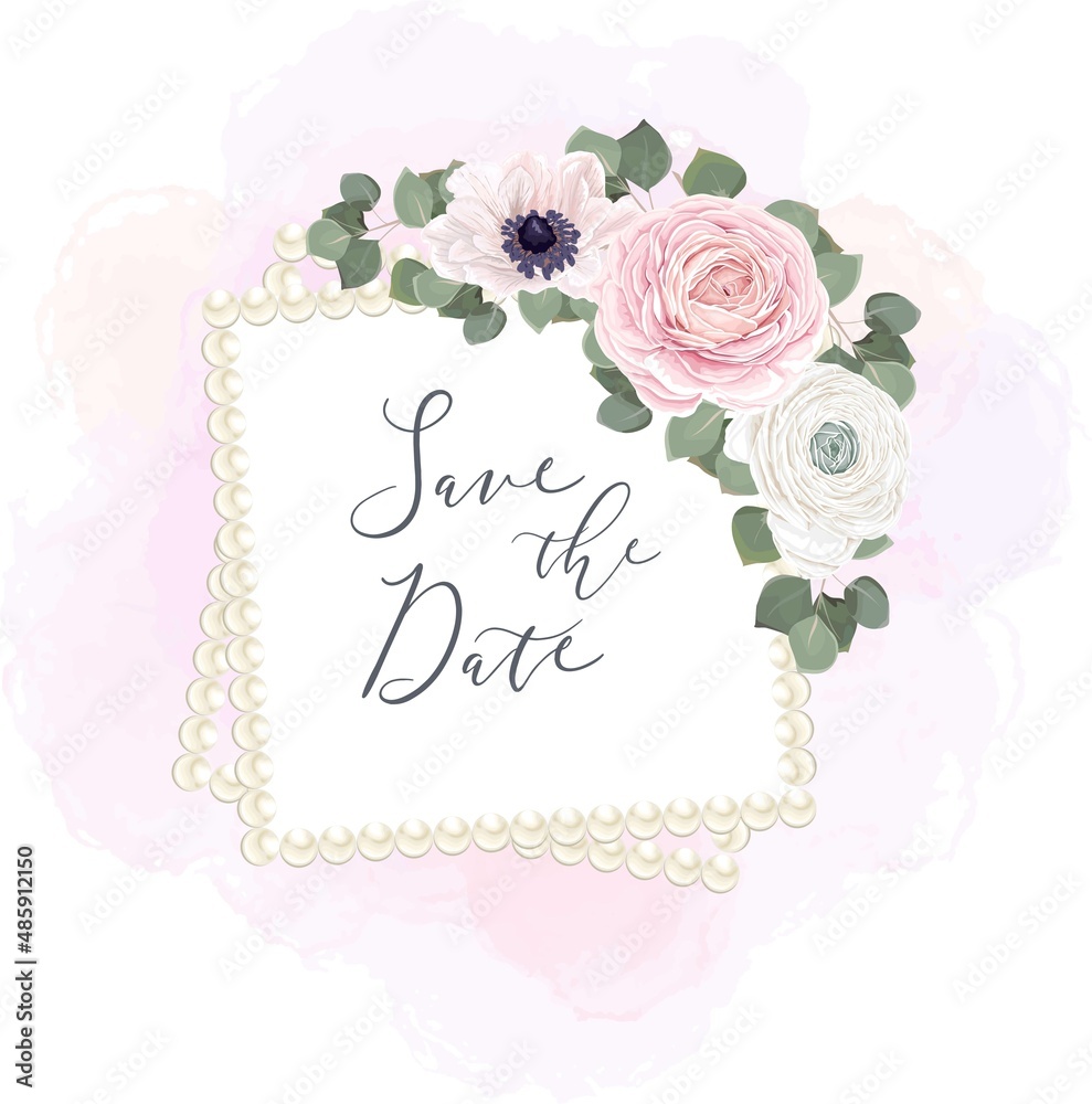 Vector floral frame for wedding design. Pearl frame, white anemones, pink roses, eucalyptus, watercolor background