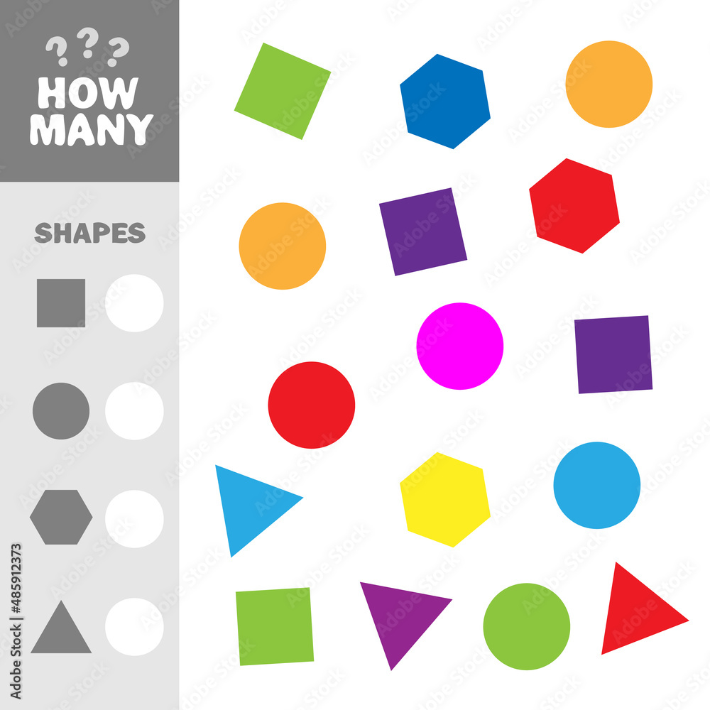 Counting game with simple geometric shapes for kids, educational maths task for development of logical thinking. How many elements with shapes Counting game with simple geometric shapes for kids, educational maths task for development of logical thinking. How many elements with shapes