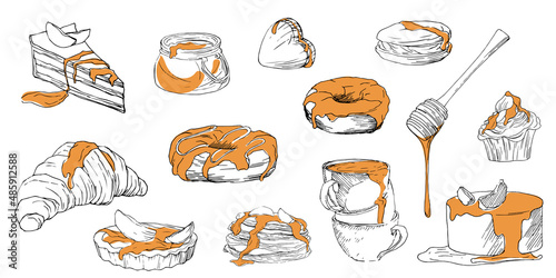Set of illustration with sweets: donut, cake, pancakes, cups, cupcake, wooden honey spoon, jar with syrup. Hand-drawn illustration in sketch style for design of sweet shop, menu, cafe. Vector.
