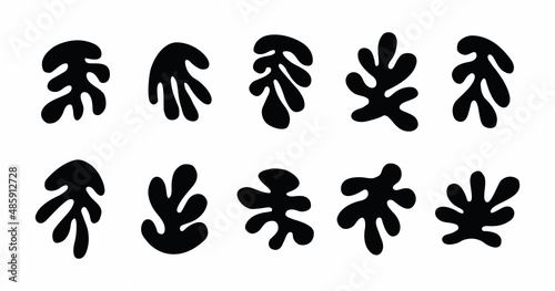 Black ink abstract silhouette trendy isolated leaves icons design element set on white background © pelikanz