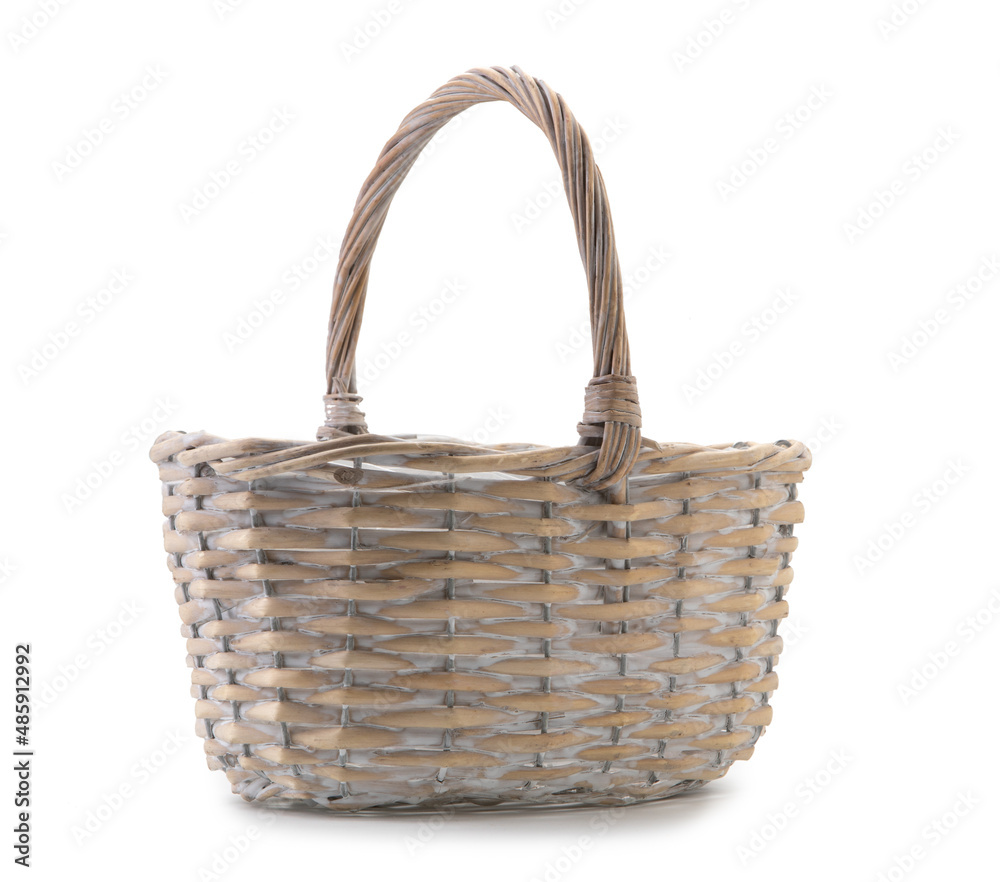 empty wicker basket isolated on white background. easter concept.