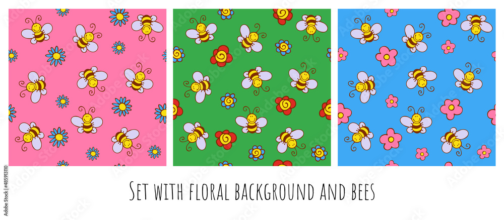 Set with a cute seamless pattern with funny bees in different colors on a pink and blue and green background