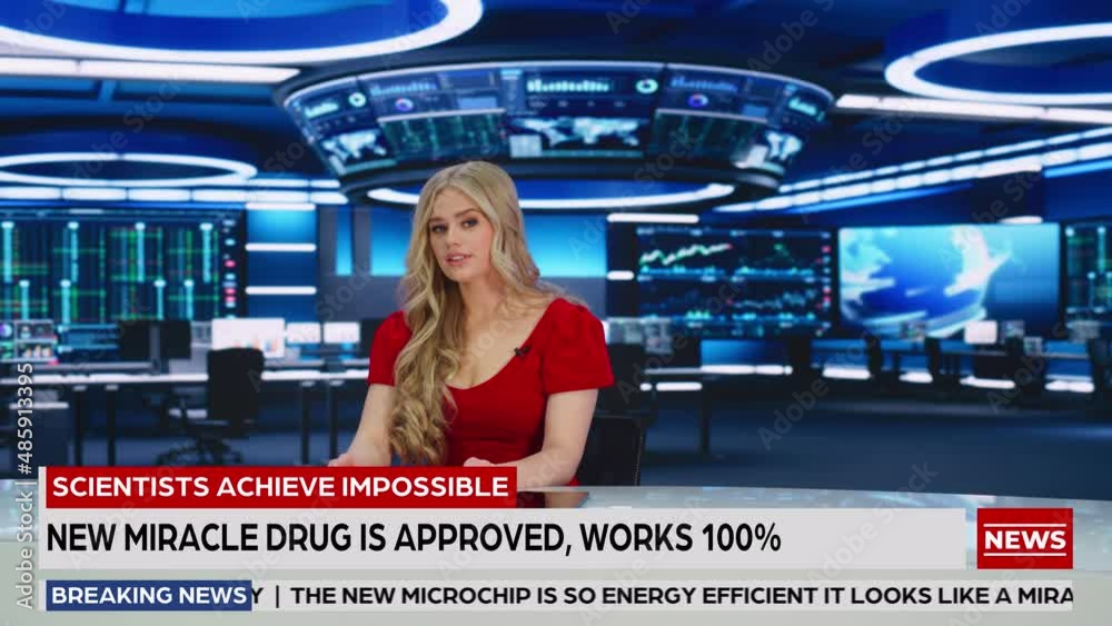 TV Live News Program with Professional Female Presenter Reporting. Television Cable Channel Anchorwoman Talks. Mock-up Network Broadcasting Playback in Newsroom Studio. Arc Wide Shot