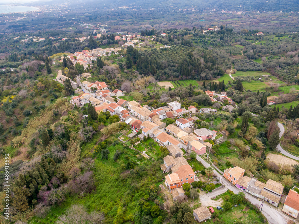 Aerial drone view in kavalouri village nexzt to karousades in north corfu greece 