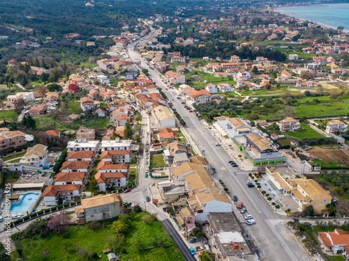 Aerial drone view of acharavi village in kerkyra greece 