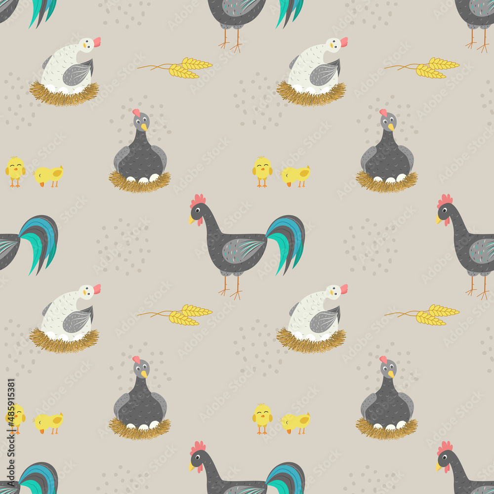 Obraz premium Seamless vector pattern with hen, rooster, chickens. Breeding chickens and poultry farming. Wrapping paper print