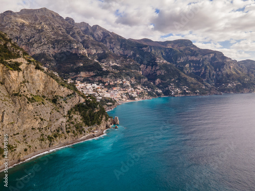 The famous Amalfi Coast, view of the cliffs and the sea from a drone. Popular tourist destination in Italy