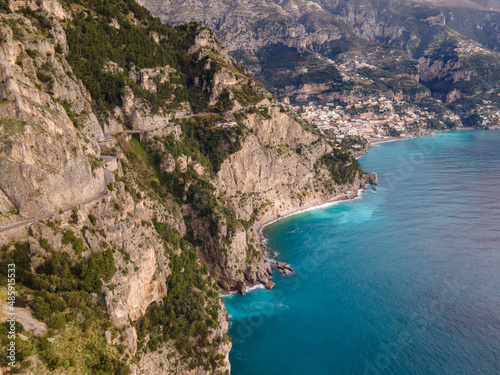 Road leading from Sorrento and Naples to Positano and Amalfi, drone view of the entire Amalfi coast in Italy