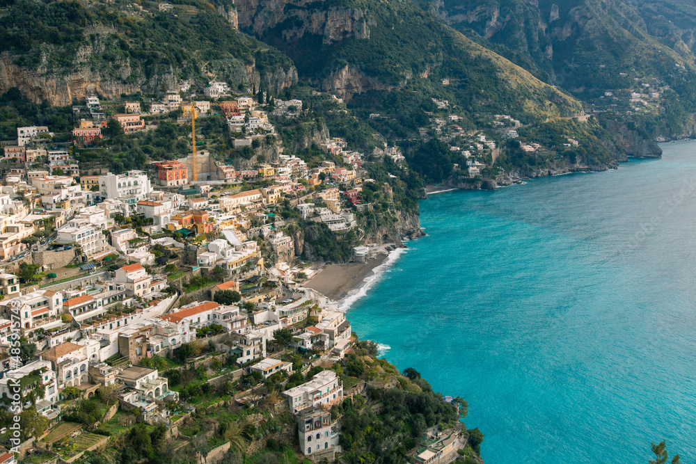View of the entire old town of Positano and its colored houses from the top. Amalfi coast Italy