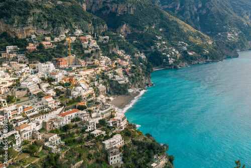 View of the entire old town of Positano and its colored houses from the top. Amalfi coast Italy