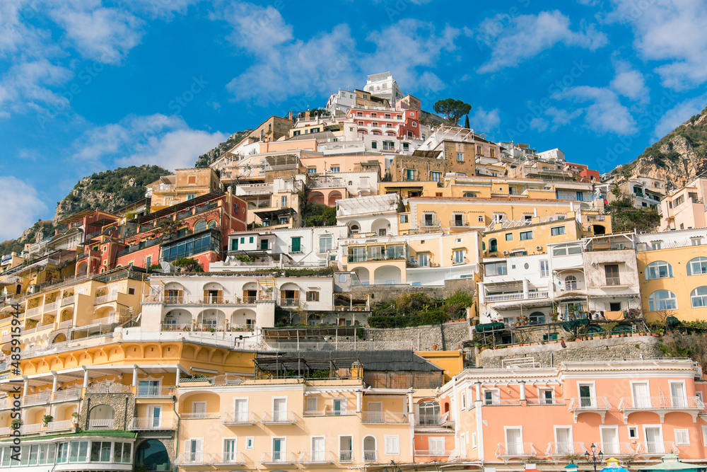 View of Positano from the beach, Famous old colored houses in Positano Italiano, Amalfi Coast, no people
