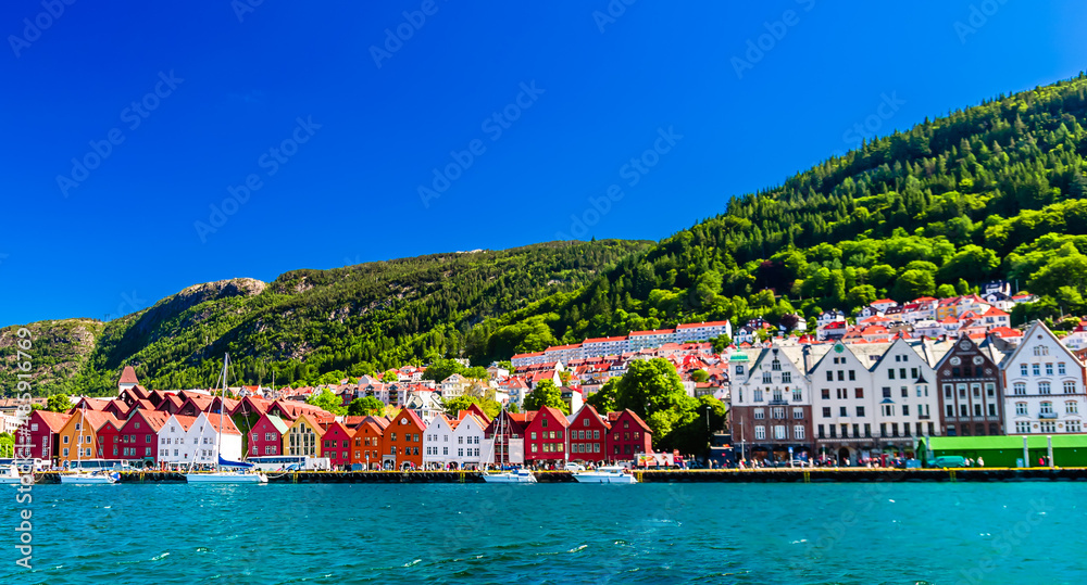Colorful houses in the historic Bryggen area in Bergen, site on the UNESCO in Norway
