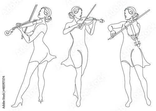 Collegium. Silhouette of a beautiful woman with a violin in a modern continuous line style. Violinist girl, slender. Aesthetic decor outline, posters, stickers, logo. Vector illustration set.
