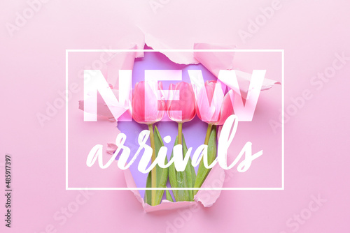 Text NEW ARRIVALS with tulip flowers on pink background