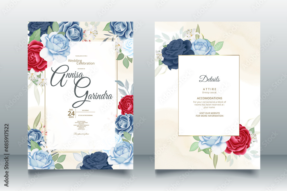 Elegant wedding invitation card with beautiful navy blue floral and leaves template Premium Vector