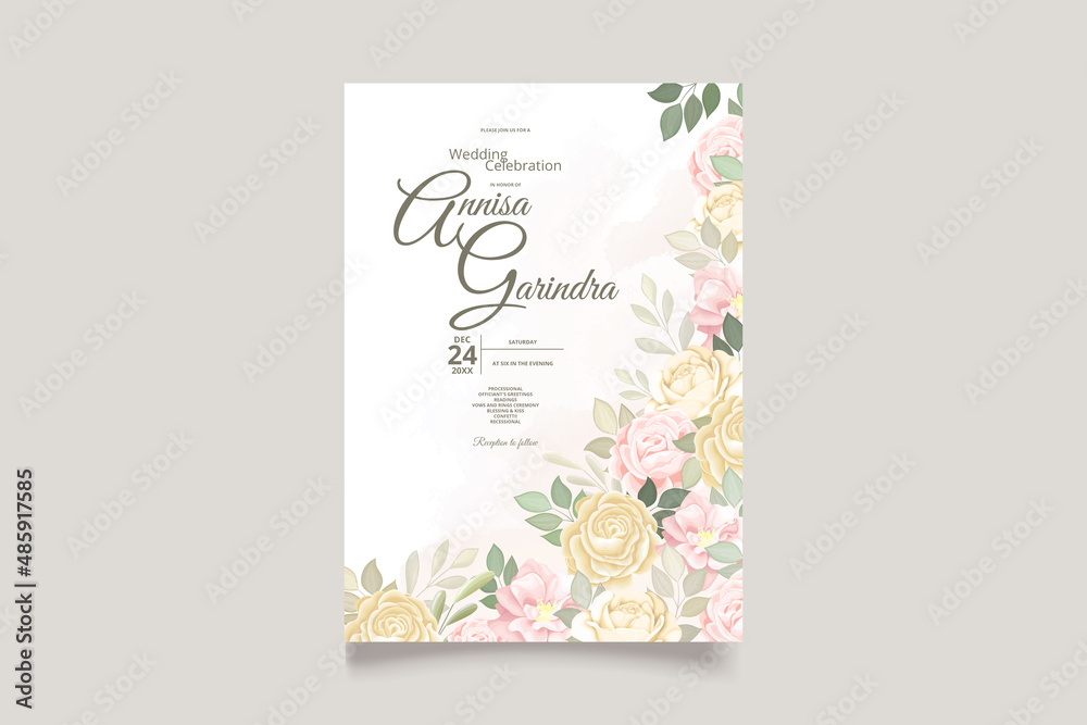  Elegant wedding invitation card with beautiful floral and leaves template Premium Vector
