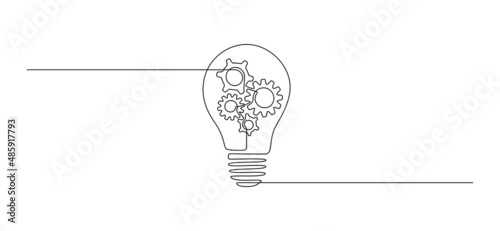 Lightbulb with gear wheels in one single line drawing for logo, emblem, web banner, presentation. Creative innovation concept in simple linear style. Editable stroke. Doodle Vector illustration