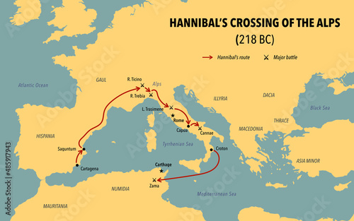 Modern map with the route of Hannibal crossing of the Alps photo