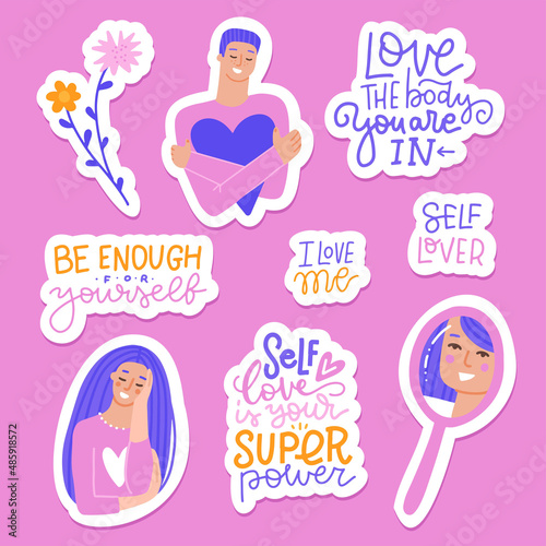 Set of stickers with male and female people, motivational phrases and hearts. Concept of body positive, self love and selfacceptance. Flat hand drawn cartoon illustration