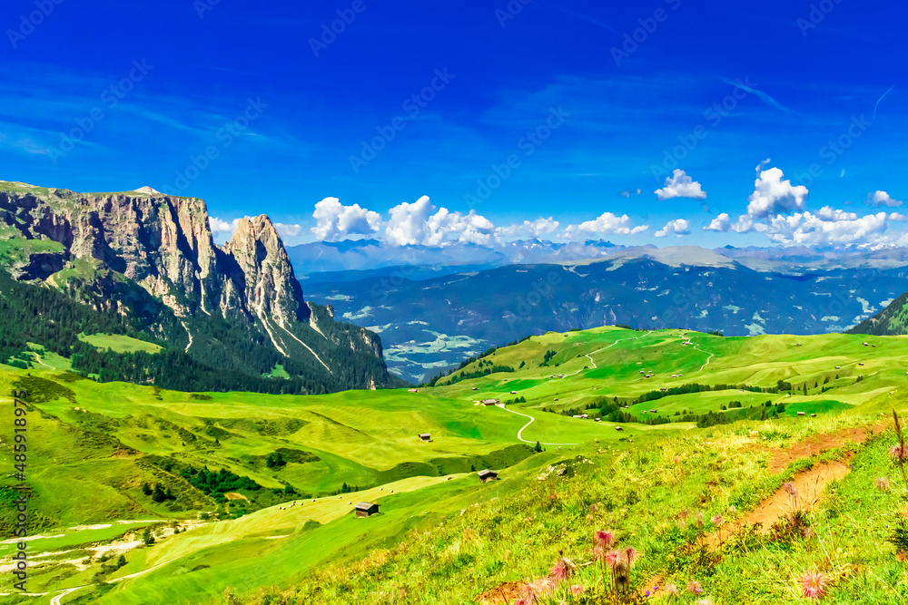 Panoramic view over Alpe di Siusi and Schlern mountain group - Seiser Alm , South Tyrol Panoramic view over Alpe di Siusi and Schlern mountain group - Seiser Alm , South Tyrol
