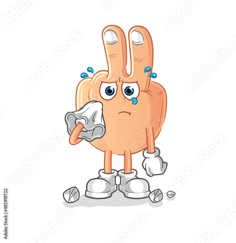 peace finger head cartoon cry with a tissue. cartoon mascot vector