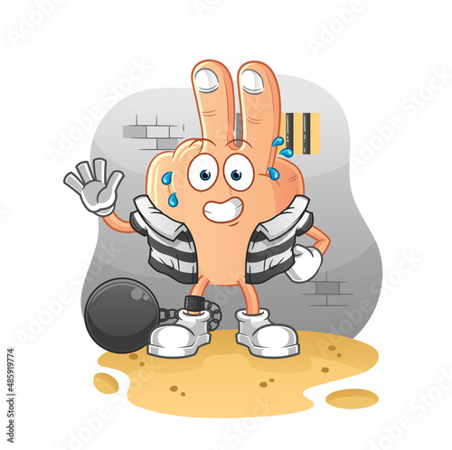 peace finger head cartoon criminal in jail. cartoon character