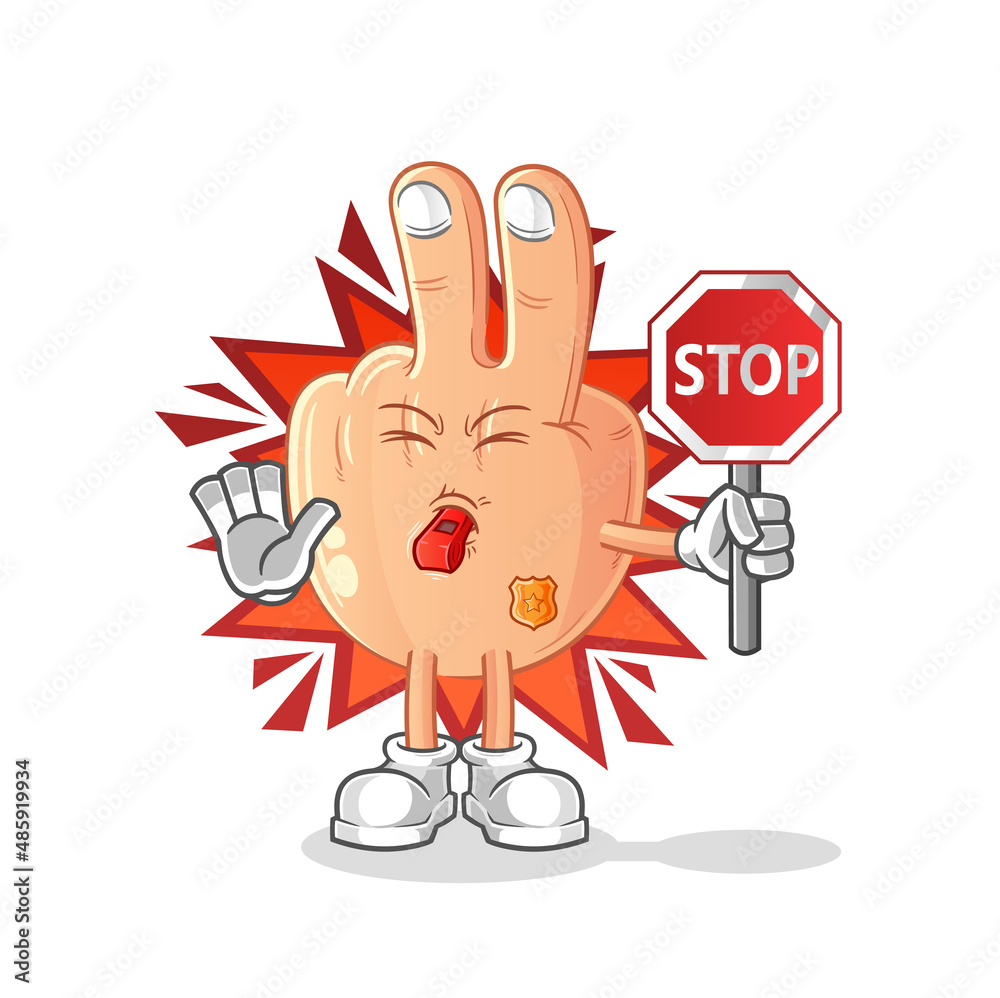 Obraz premium peace finger head cartoon holding stop sign. cartoon mascot vector