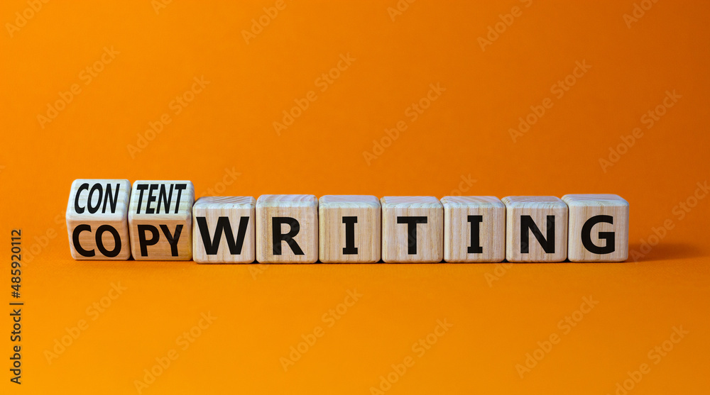 Content writing or copywriting symbol. Turned cubes and changed concept words content writing to copywriting. Beautiful orange background copy space. Business Content writing or copywriting concept. - obrazy, fototapety, plakaty 