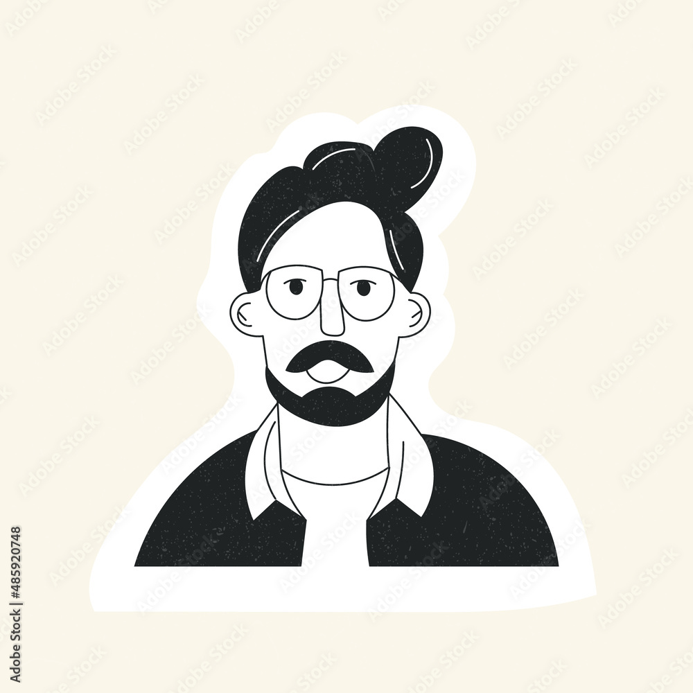 Doodle man face avatar with mustache beard haircut and glasses. Hipster guy portrait sticker with trendy hair. Hand drawn black and white flat vector illustration. Fashion bearded man face icon