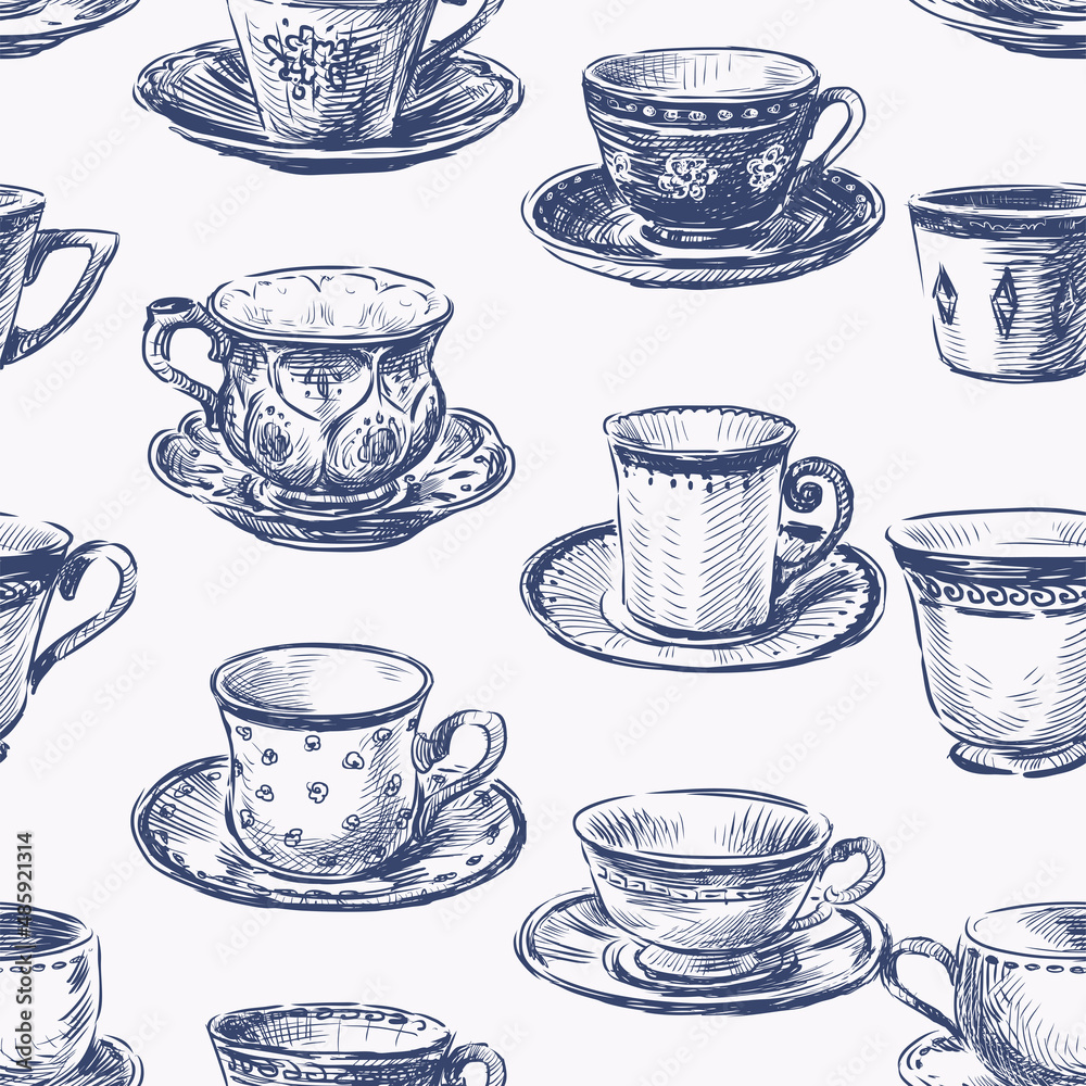 Seamless pattern of sketches set various vintage tea cups Stock Vector |  Adobe Stock