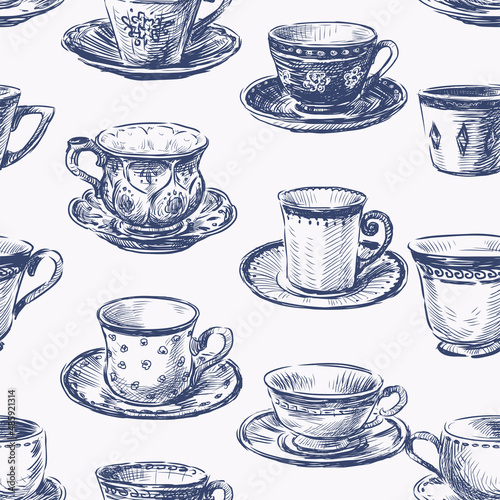 Seamless pattern of sketches set various vintage tea cups