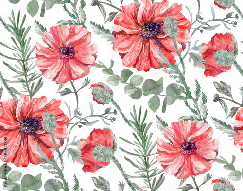 Wallpaper Mural Seamless watercolor pattern with red poppy flowers and eucalyptus leaves on white background for summer design of textiles and surfaces Torontodigital.ca