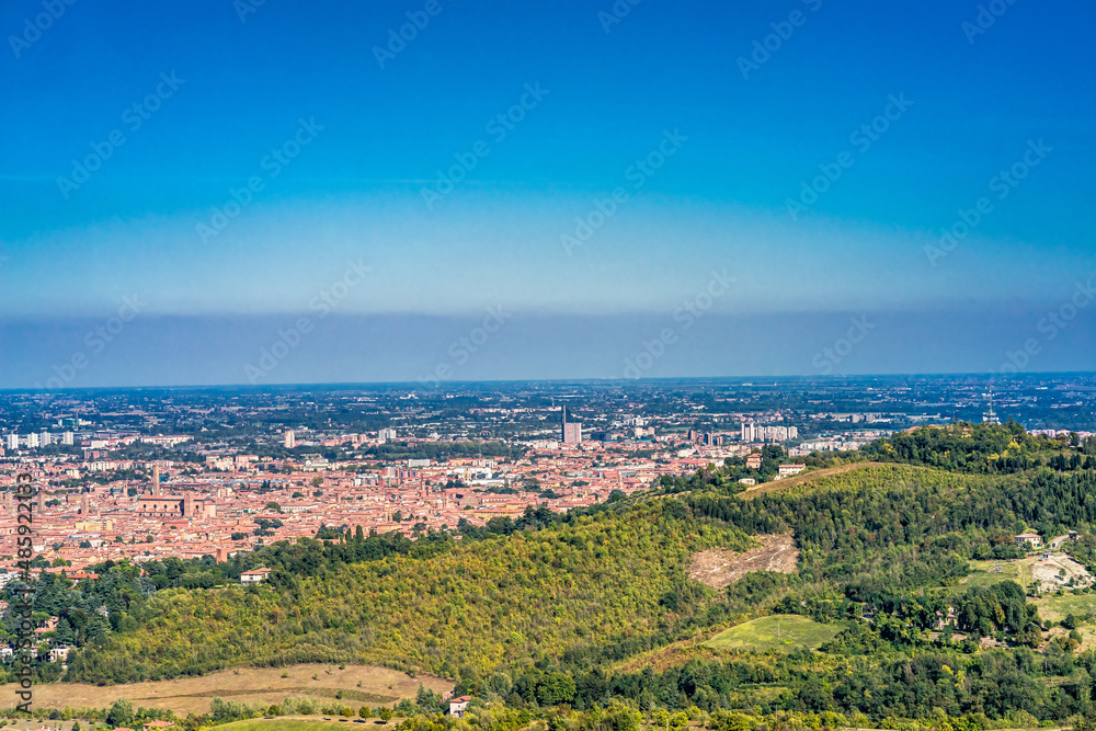 Panoramic view of the cityscape of Bologna from Santuario della Madonna di San Luca