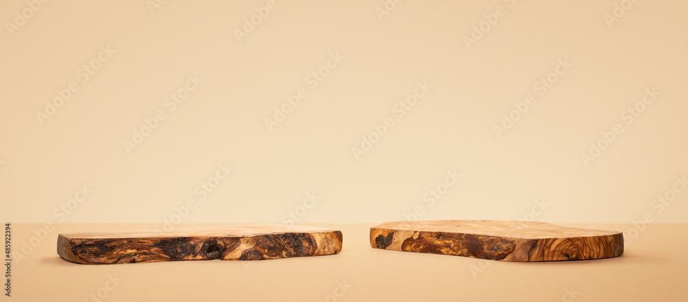 Two wood pieces pedestals. Background for food, perfume, jewellery and cosmetic products. Front view. Two wood pieces pedestals. Background for food, perfume, jewellery and cosmetic products. Front view.