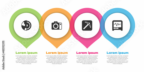 Set Earth core structure crust, Photo camera, Pickaxe and Seismograph. Business infographic template. Vector